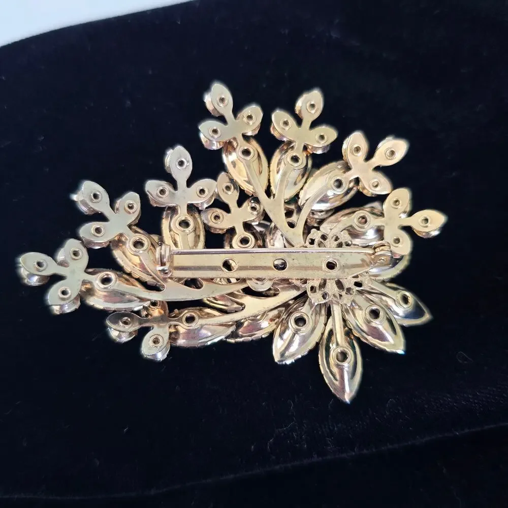 Vintage Brooch Emerald Green Aurora Borealis Rhinestone Floral Mid Century Glam